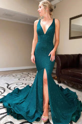 Mermaid V-neck Prom Dresses With Slit, Evening Gowns